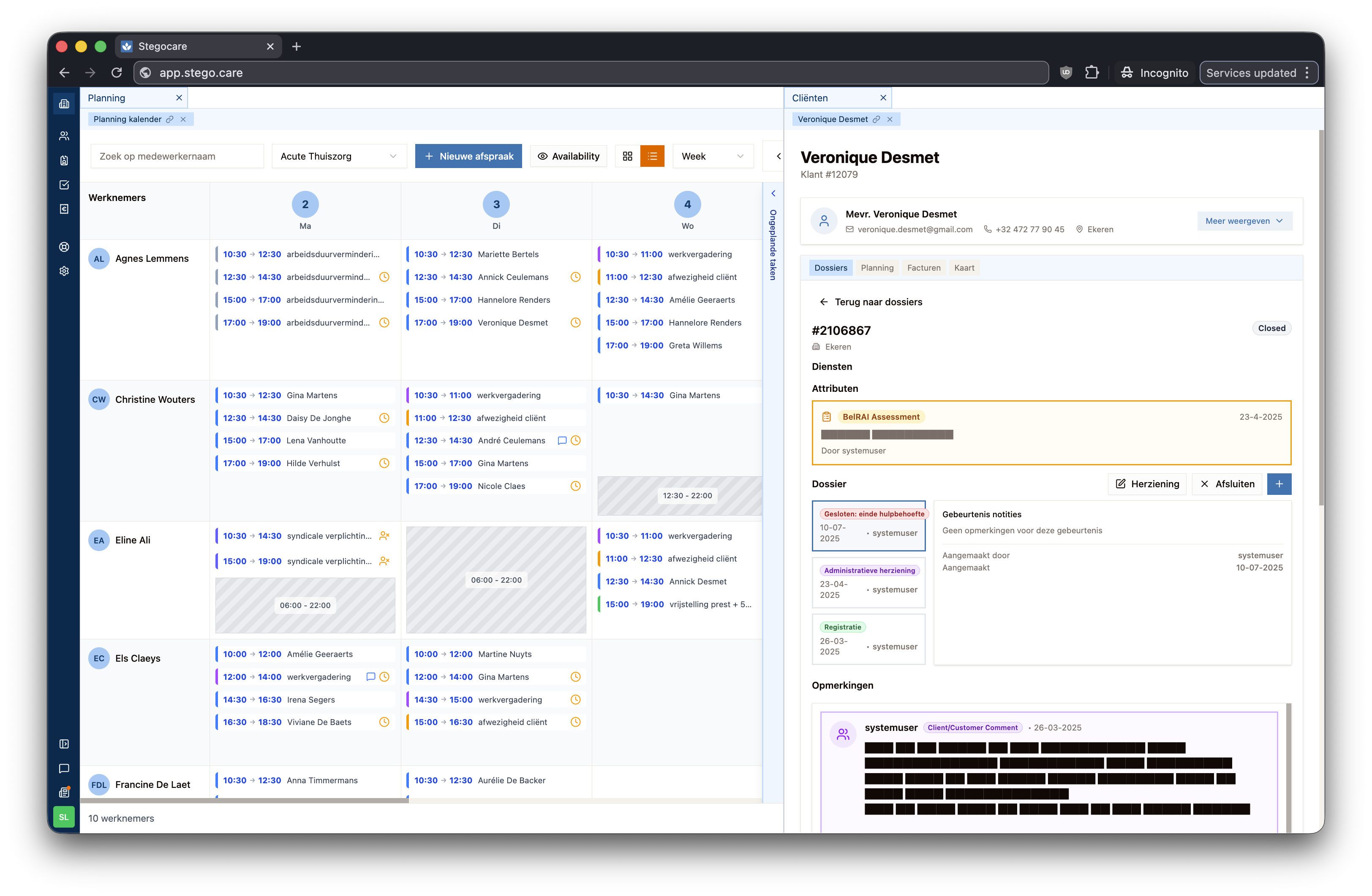 Stegocare planning view with weekly schedule for care workers